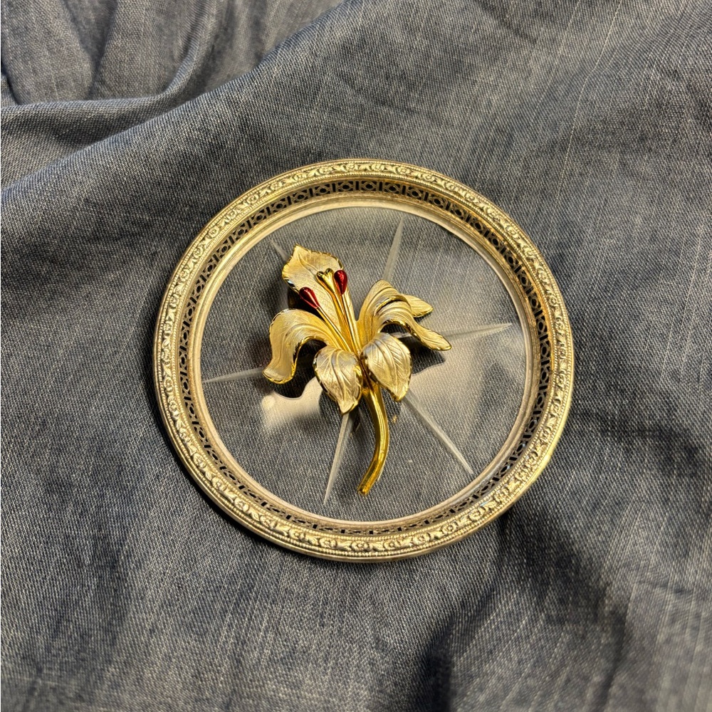 Vintage Signed Cerrito White & Red Enamel Lily Brooch